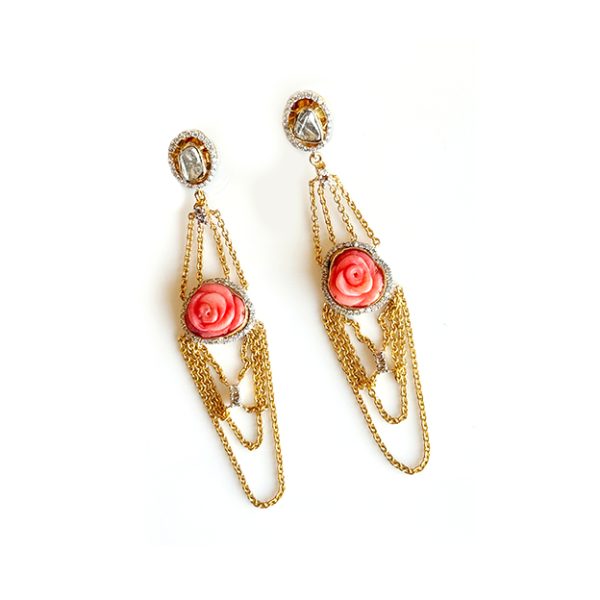 Coral Gold Chain Earrings