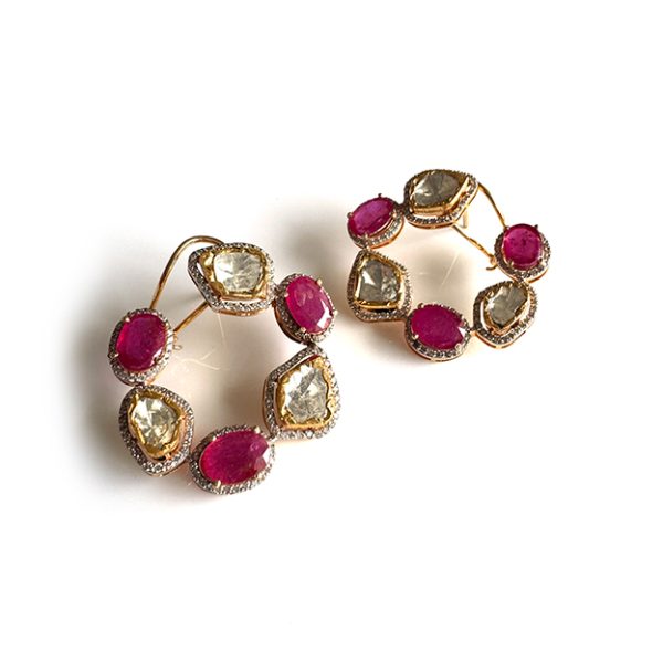 Ruby Diamond Polki Hoop Earrings