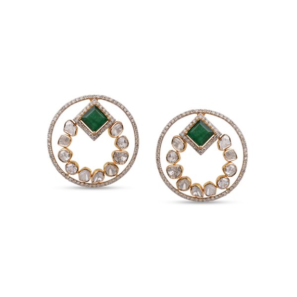 Polki Diamond Emerald Hoop Earrings